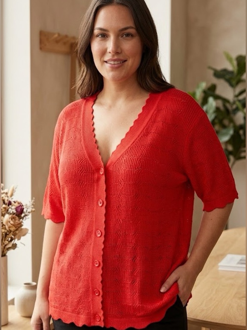 Vibrant Red V-Neck Button Front Women's Sweater